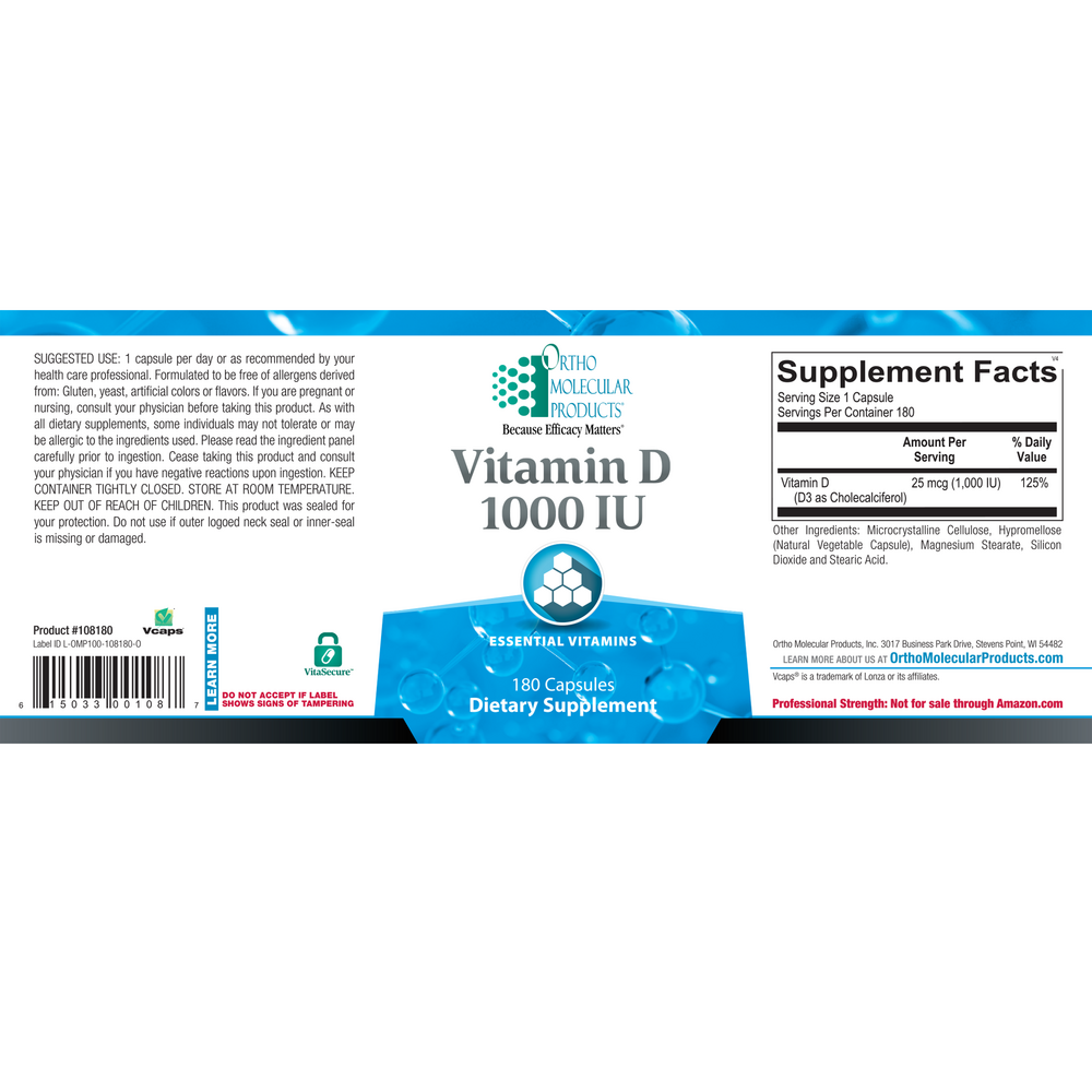 Vitamin D3 1000 IU (25 mcg) – 180 Capsules | Bone & Immune Support