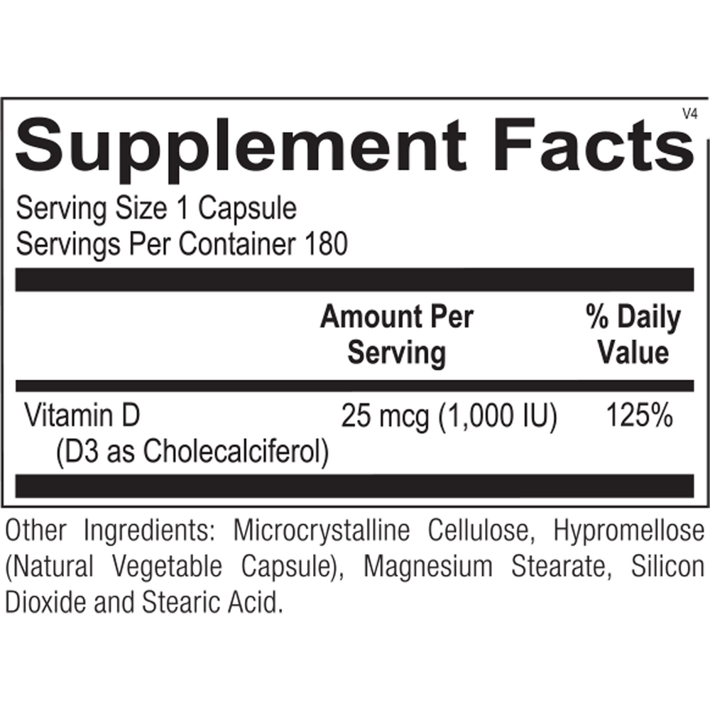 Vitamin D3 1000 IU (25 mcg) – 180 Capsules | Bone & Immune Support